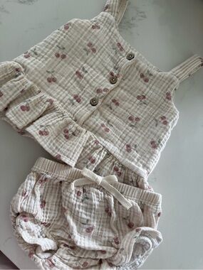 Cream Cherry Print Girls Ruffle Romper Set - Unbranded